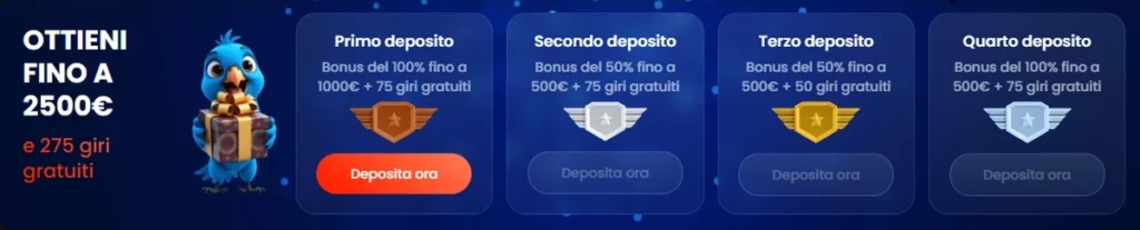 100% fino 500€ + 50 FS sul Primo Deposito